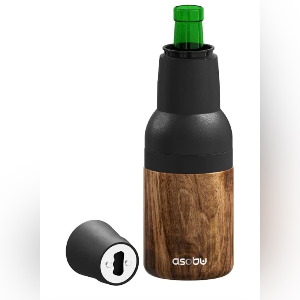 Asobu beer holder insulated frosty beer to go natural wood color